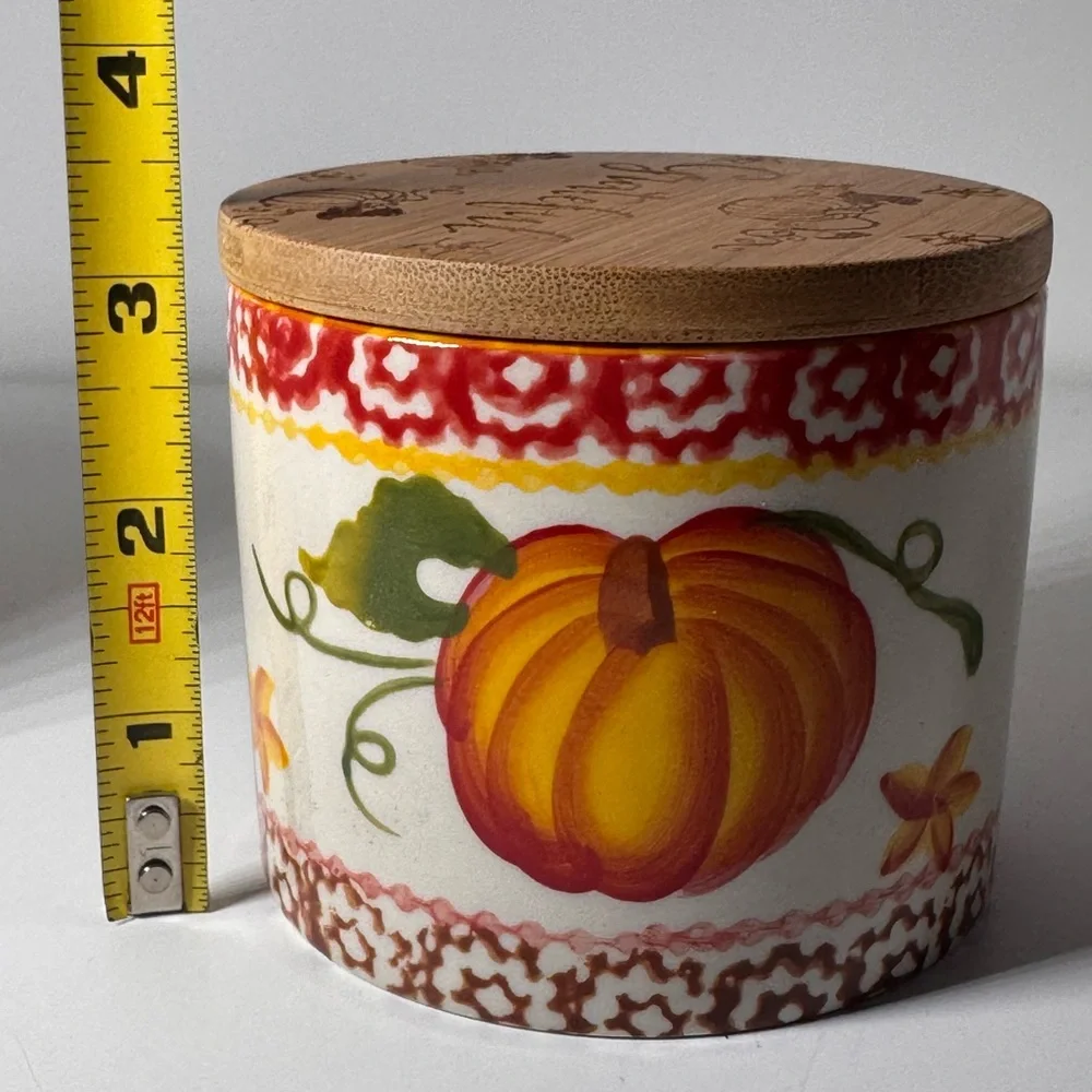 Temptations Pumpkin Ceramic Canisters Jars & Bamboo Lids Grateful & Together